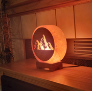 Himalayan Salt Lamp with Mountain design carving on wood sheet, Unique Handcrafted Light for home, includes dimmer & bulb, 9" Height