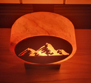 Himalayan Salt Lamp with Mountain design carving on wood sheet, Unique Handcrafted Light for home, includes dimmer & bulb, 9" Height