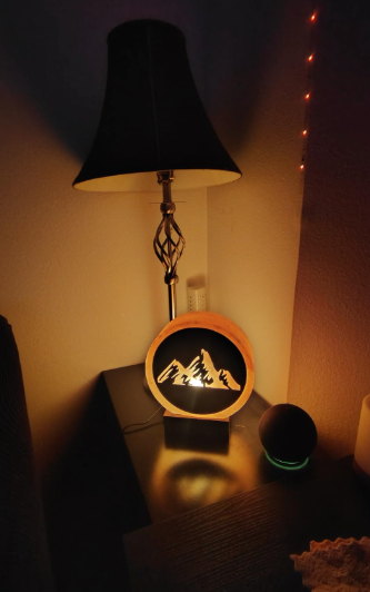 Himalayan Salt Lamp with Mountain design carving on wood sheet, Unique Handcrafted Light for home, includes dimmer & bulb, 9" Height
