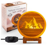 Himalayan Salt Lamp with Mountain design carving on wood sheet, Unique Handcrafted Light for home, includes dimmer & bulb, 9" Height