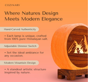 Himalayan Salt Lamp with Mountain design carving on wood sheet, Unique Handcrafted Light for home, includes dimmer & bulb, 9" Height
