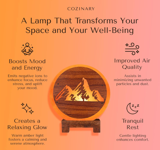 Himalayan Salt Lamp with Mountain design carving on wood sheet, Unique Handcrafted Light for home, includes dimmer & bulb, 9" Height